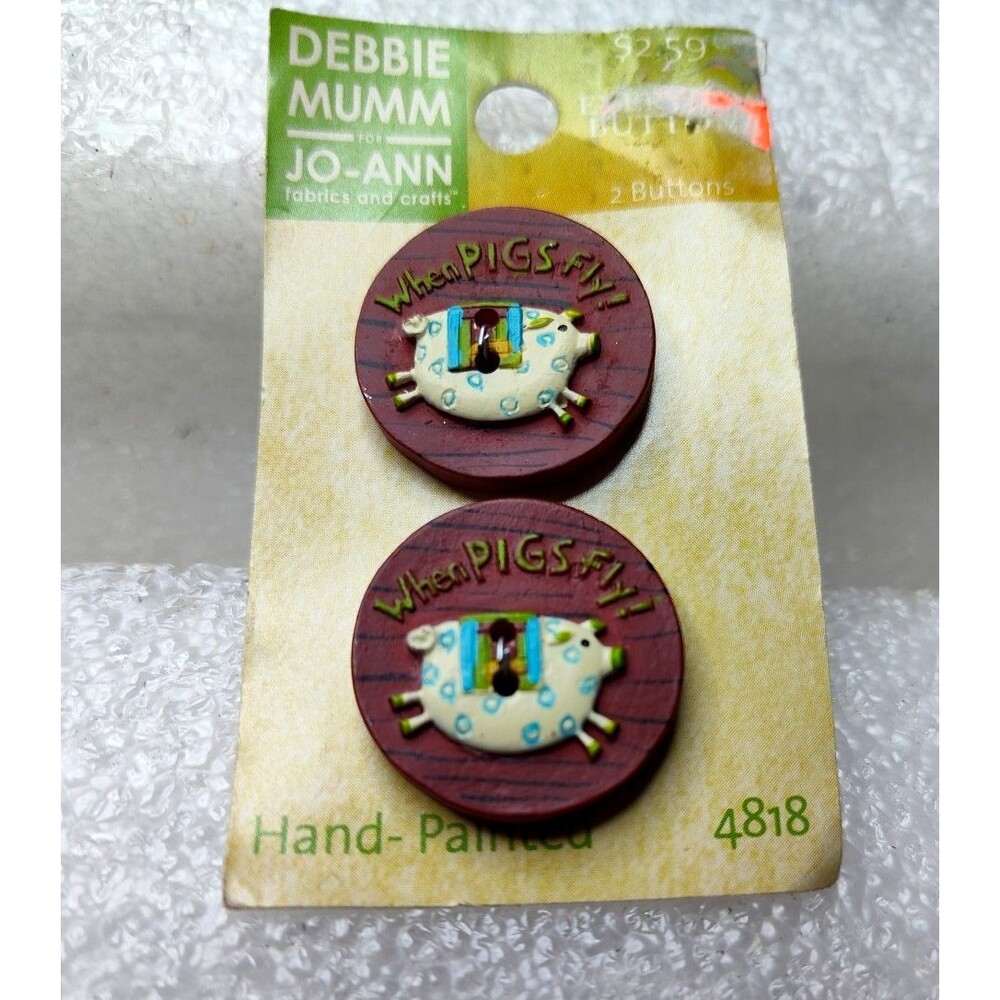 Debbie Mummy Vintage Hand Painted Buttons "When Pigs Fly" Novety Rare NOS Carded